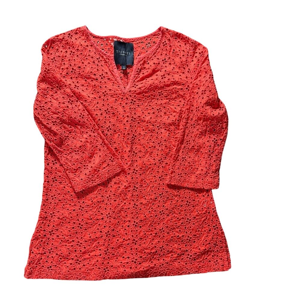 Talbots Eyelet Coral Orange 3/4 Sleeve V-Neck Cotton Cottagecore Preppy Tunic